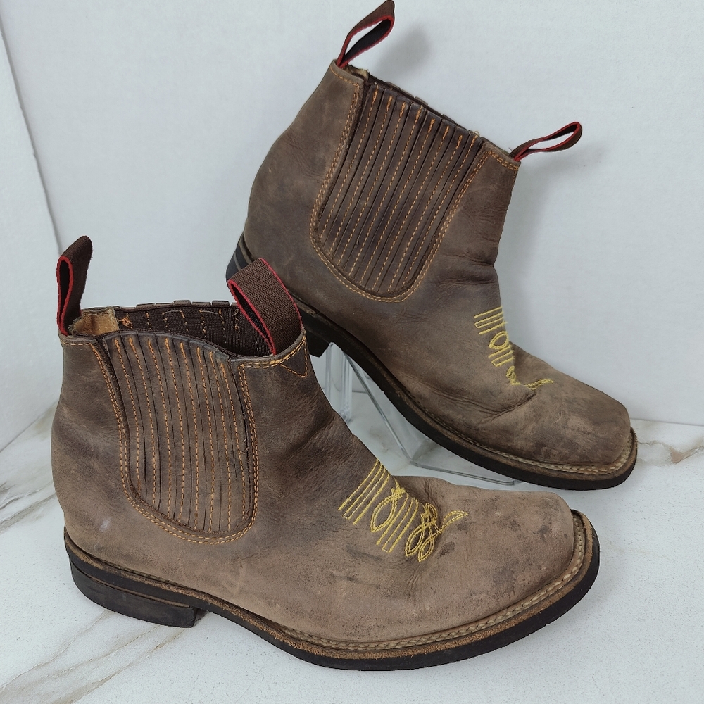 Patron Men's Brown Leather Western Style Pull On Chelsea Charro Boots, Sz 10